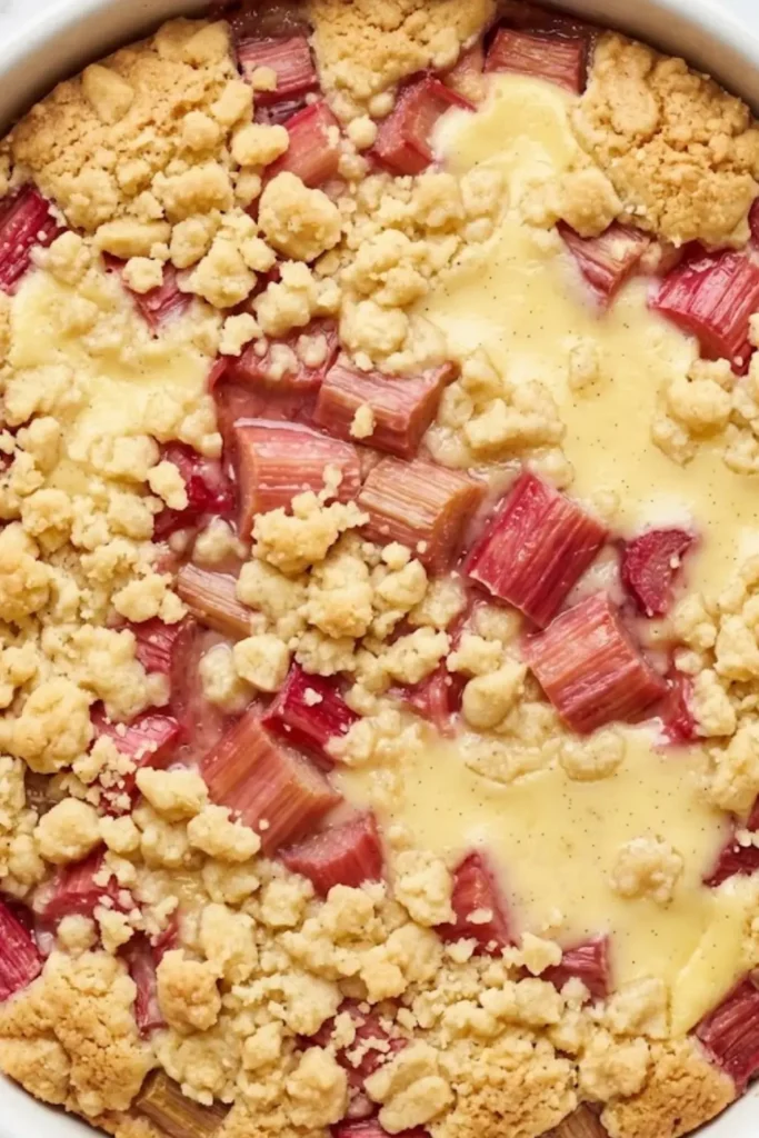 Rhabarberkuchen mit Pudding und Streuseln