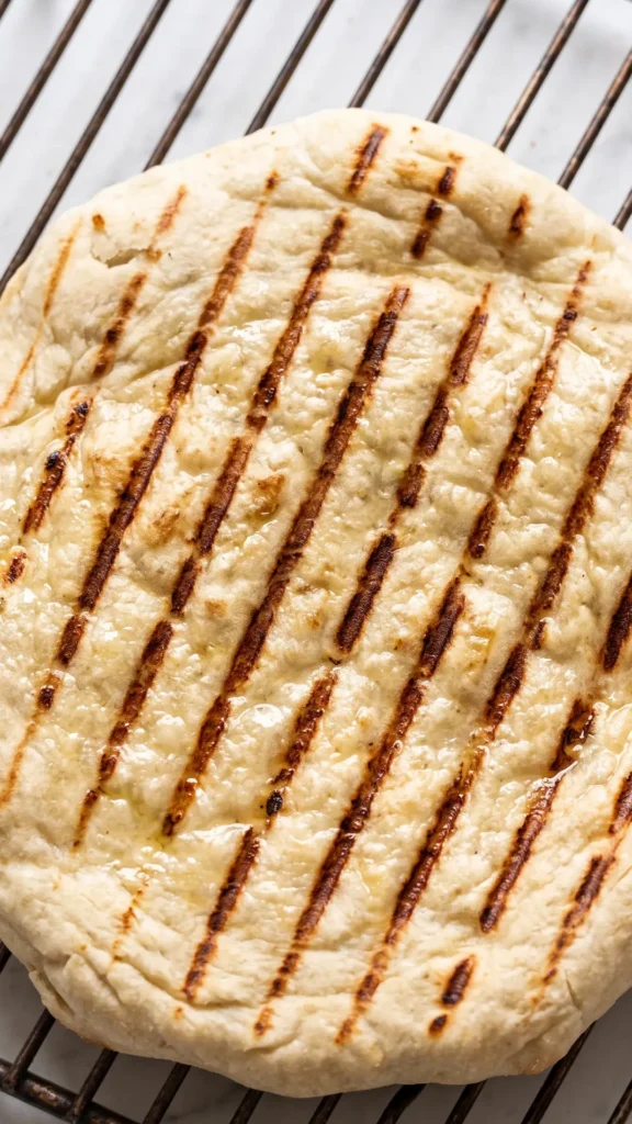 Nahaufnahme von Grillbrot vom Rost — knusprige Grillstreifen und feiner Olivenölglanz auf Teigfladen