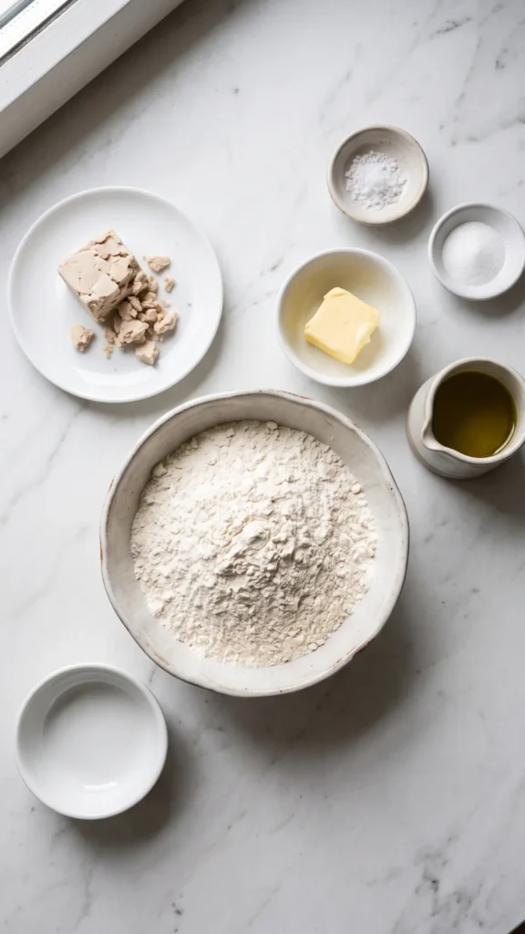Zutaten für Grillbrot vom Rost: Mehl, frische Hefe, Butter, Olivenöl, Zucker und Salz