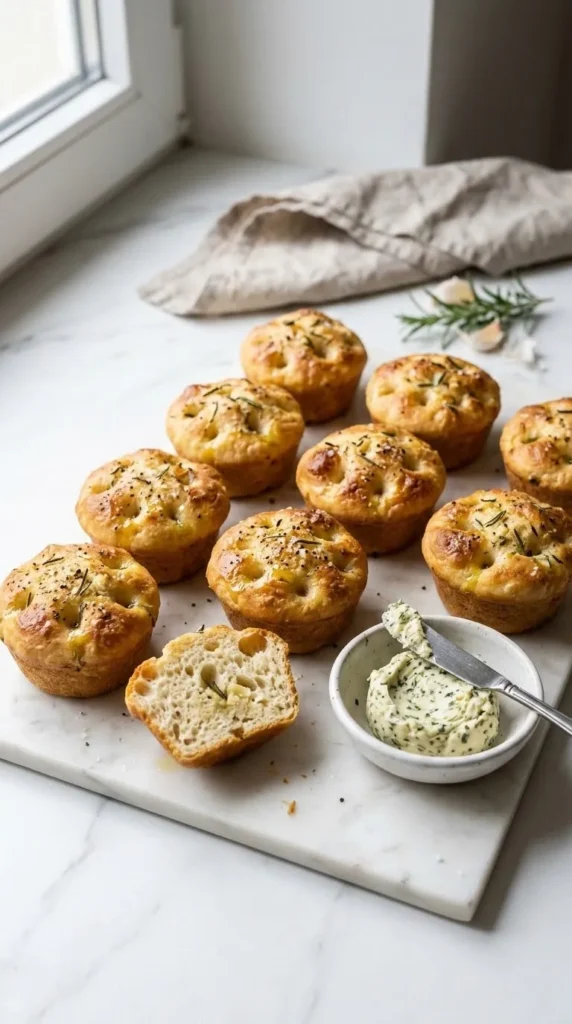Rosmarin-Knoblauch-Focaccia-Muffins serviert mit Kräuterbutter — Aufgeschnittener Muffin zeigt die weiche Krume.