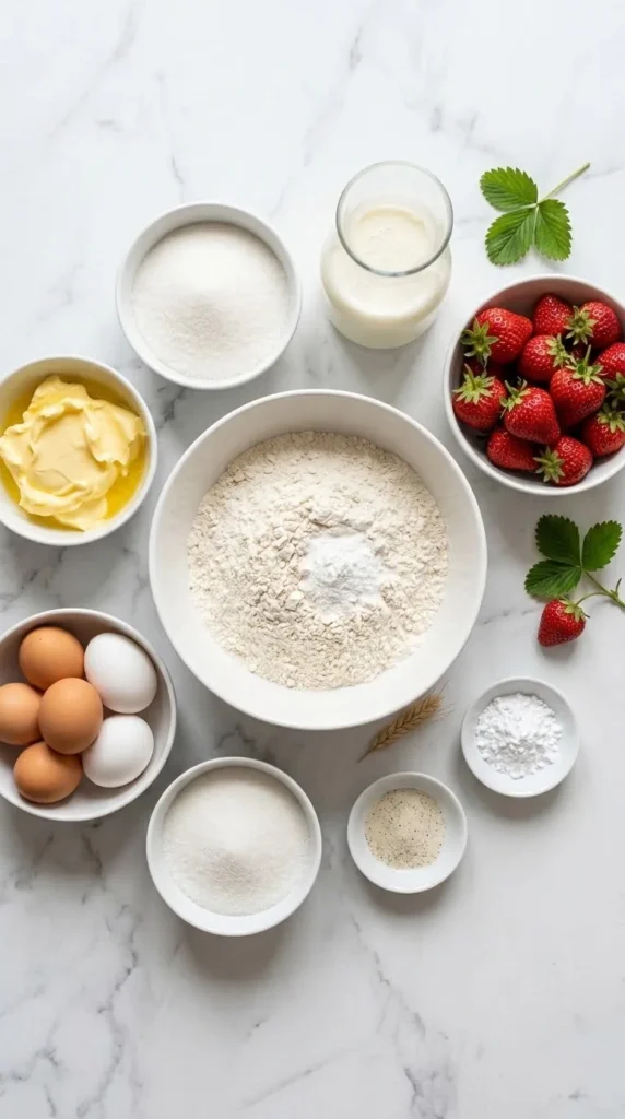 Zutaten für Buttermilchkuchen mit Erdbeeren: Weizenmehl, Buttermilch, frische Eier, weiche Butter, Zucker und frische Erdbeeren.