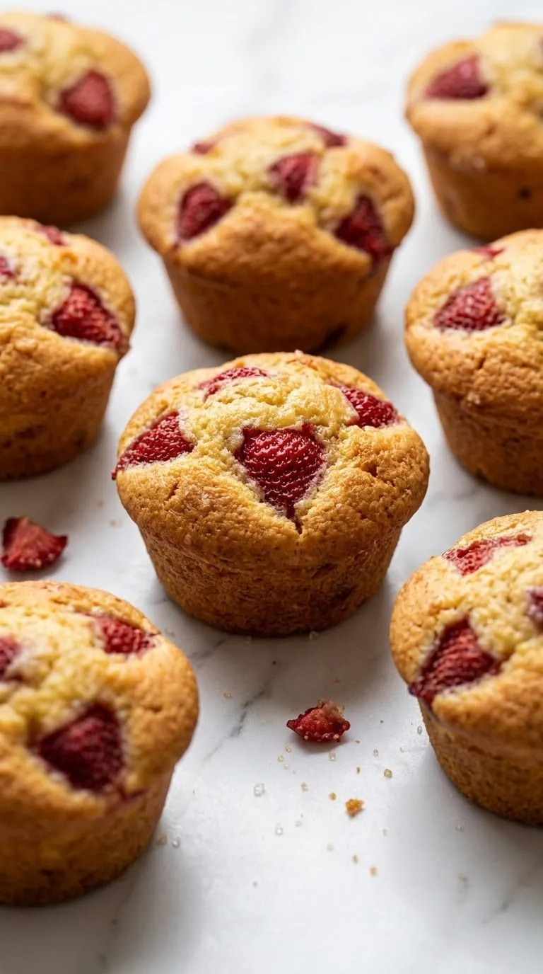 Erdbeer-Muffins frisch gebacken — Goldbraun aufgegangene, fluffige Muffins mit saftigen roten Erdbeerstückchen.