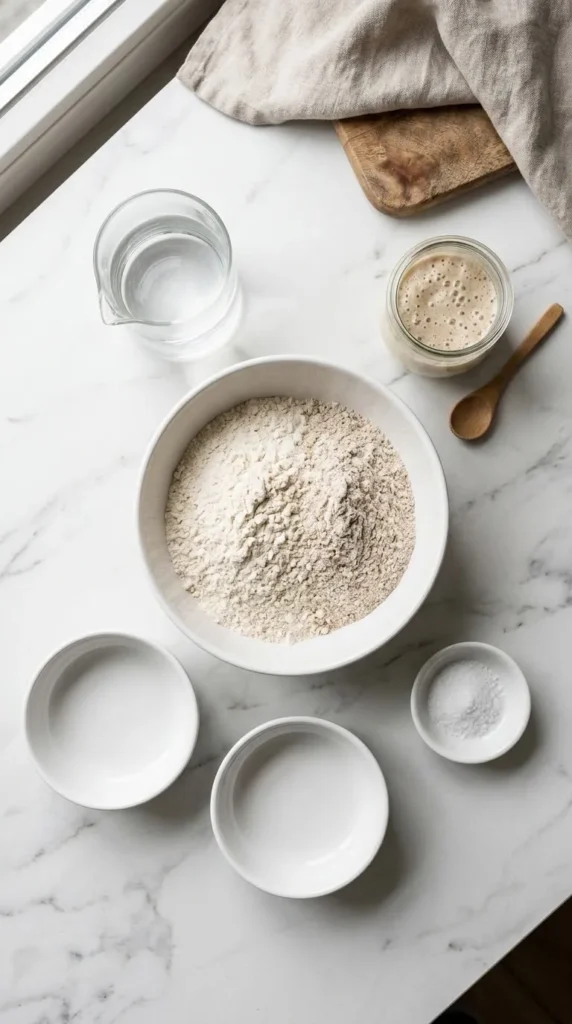 Zutaten für Sauerteig-Bauernbrot: Weizenmehl, Roggenmehl, lauwarmes Wasser, Sauerteig-Ansatz und Salz.