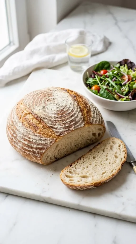 Glutenfreies Sauerteigbrot serviert mit bunter Blattsalat — Eine abgeschnittene, saftige Scheibe des getreidefreien Brotes liegt einladend neben frischem Salat.
