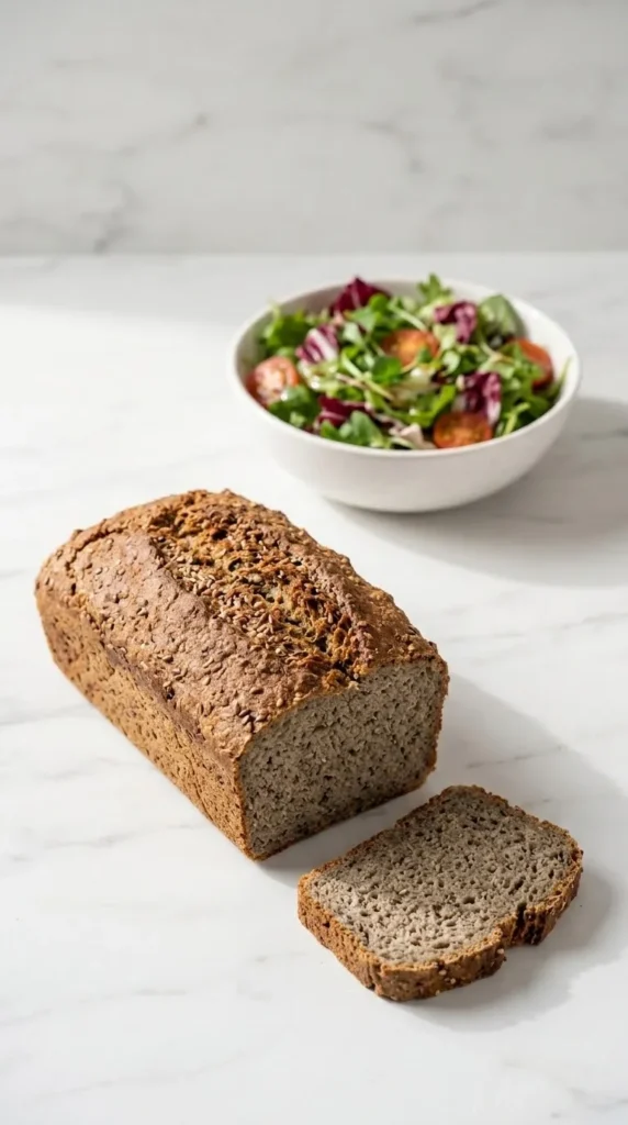 Reissauerteig-Brot serviert mit bunter Blattsalat — Eine umgedrehte, perfekt aufgeschnittene Scheibe des veganen Brotes liegt neben knackigem Salat.