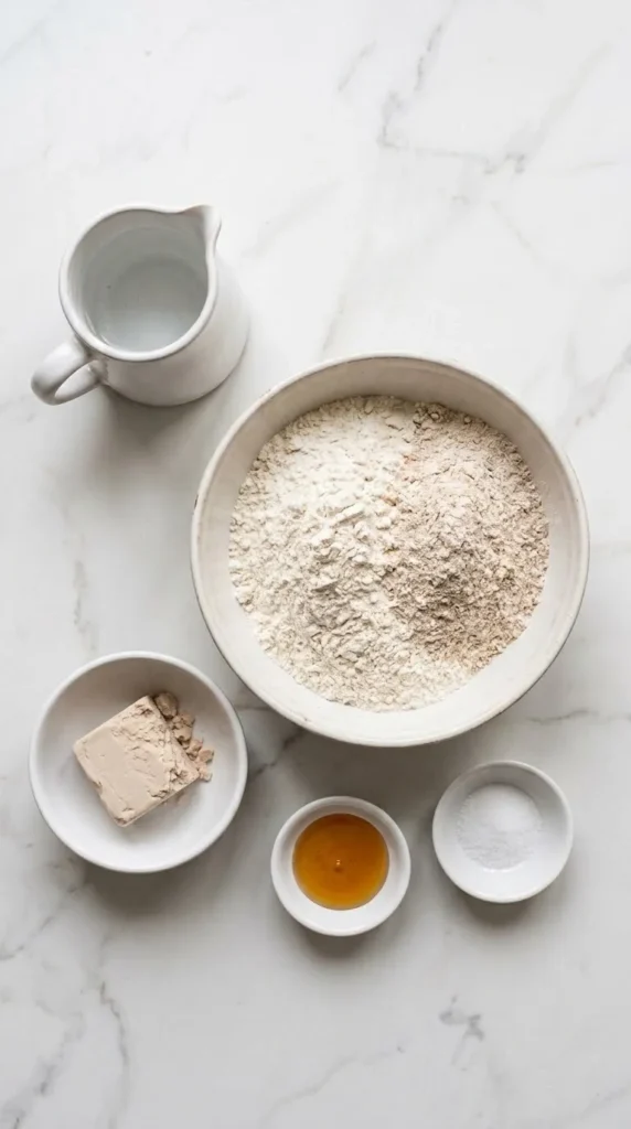 Zutaten für knusprige Sonntagsbrötchen: Weizen- und Dinkelvollkornmehl, frische Hefe, Honig und Wasser perfekt vorbereitet.