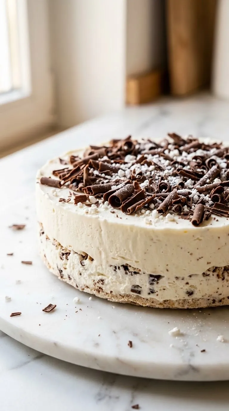 Baiser-Eistorte frisch gebacken aus der Froschperspektive — Majestätische Höhe der eiskalten Schichttorte im Profil.