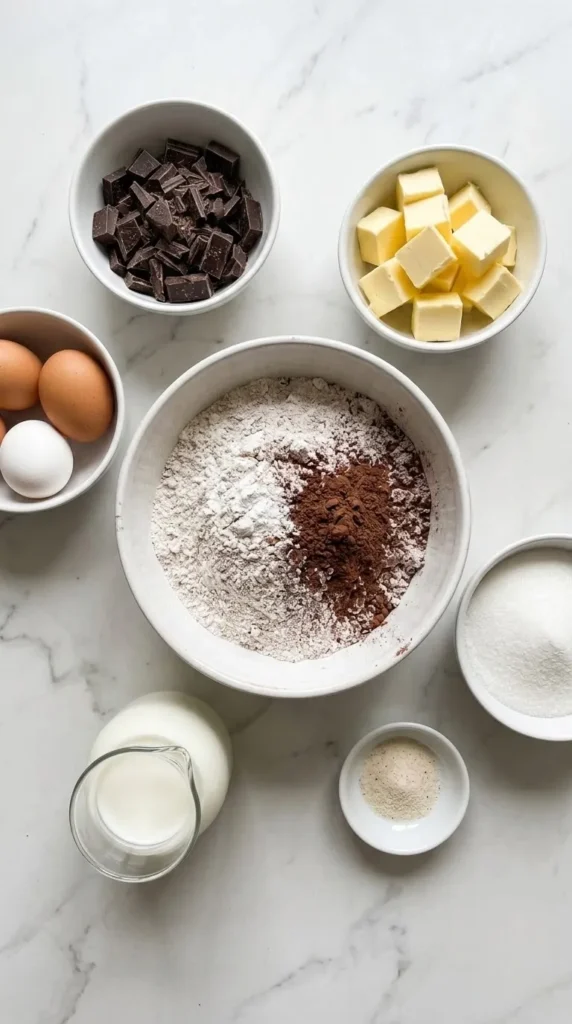 Zutaten für Schokokuchen vom Blech: Weizenmehl mit Kakao, Zartbitterschokolade, Butter, frische Eier, Zucker und Milch.