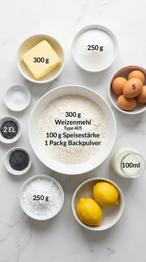 Zutaten für Zitronenkuchen mit Mohn: Weizenmehl, Speisestärke, weiche Butter, frische Eier, Milch, Zucker und Blaumohn.