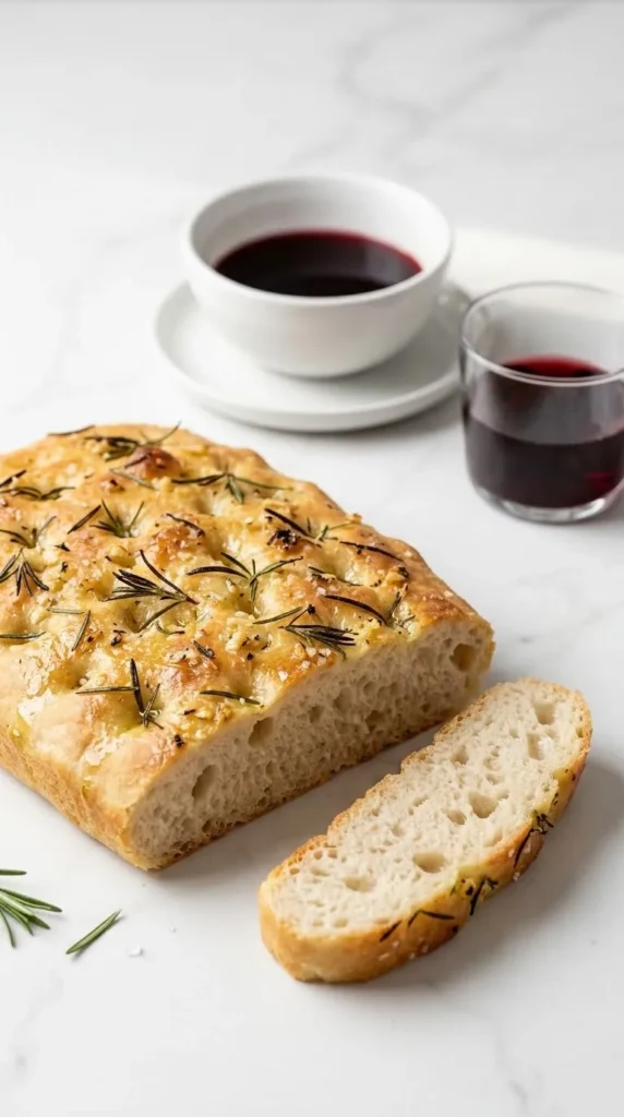 Rosmarin-Knoblauch-Fladenbrot serviert mit italienischer Rotwein — Aufgeschnittenes Hefebrot neben einem Glas Wein.