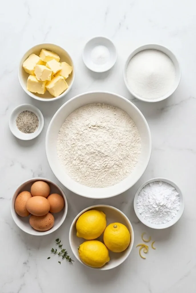 Zutaten für Zitronenkuchen vom Blech: Weizenmehl, weiche Butter, frische Eier, Zucker, Puderzucker und Bio-Zitronen.