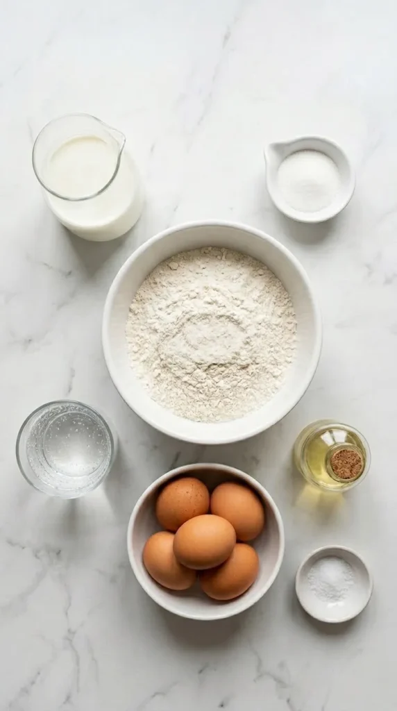 Zutaten für klassische Eierkuchen: Weizenmehl, frische Milch, Mineralwasser, Eier, Salz und Zucker.