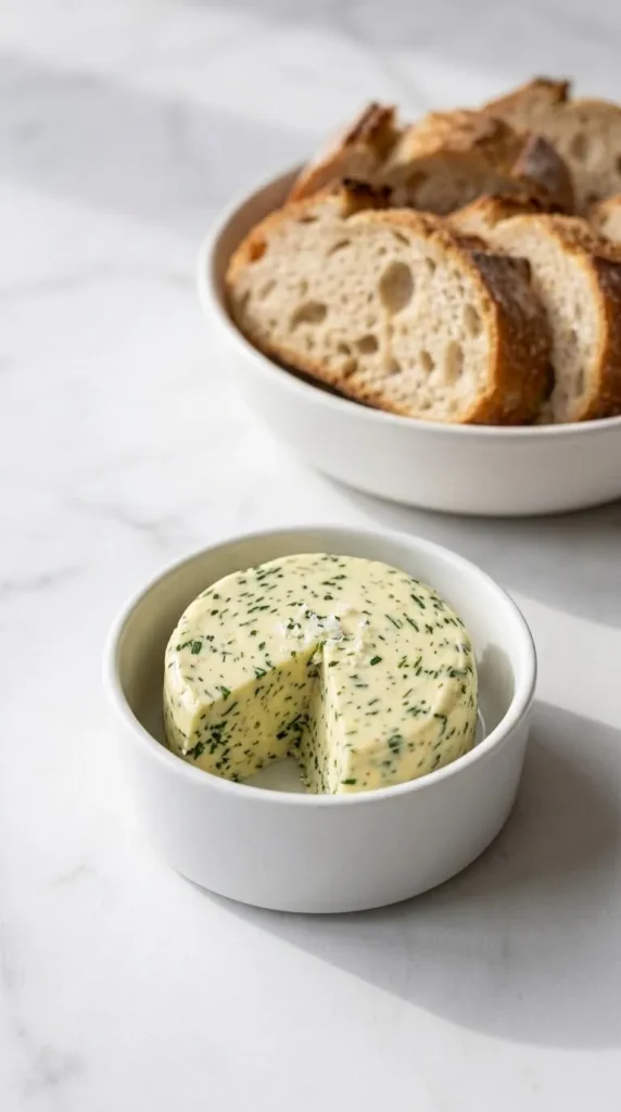 Schnelle Kräuterbutter mit Knoblauch serviert mit frischem Sauerteigbaguette — perfekt für das nächste Grillfest.