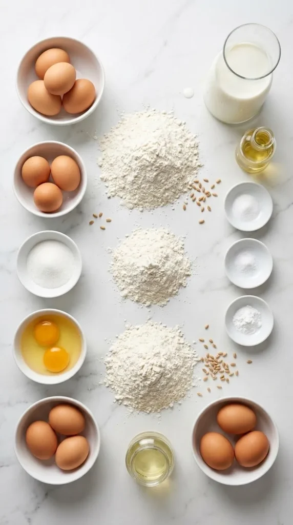 Zutaten für Pfannkuchen, Crêpe und Pancake: Weizenmehl, frische Eier, Milch, Zucker, Salz und etwas Backpulver.