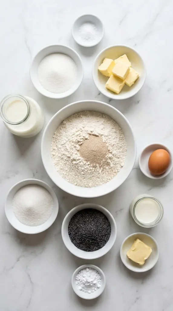 Zutaten für saftige Mohnschnecken: Weizenmehl, Trockenhefe, frische Milch, Butter, Zucker und gemahlener Blaumohn.