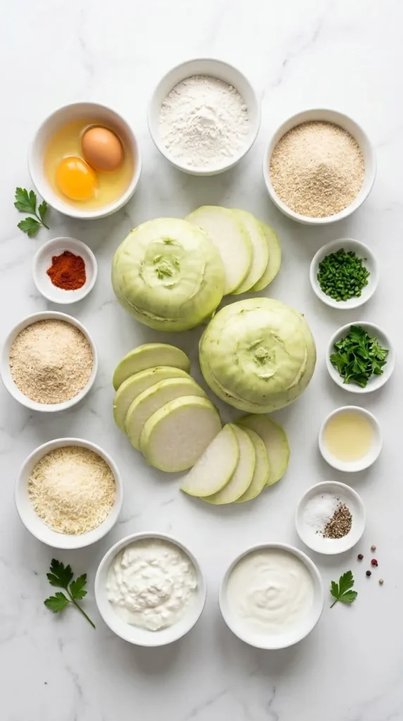 Zutaten für Kohlrabi-Schnitzel: Frische Kohlrabischeiben, Eier, Mehl, Semmelbrösel, Parmesan, Quark und frische Kräuter.