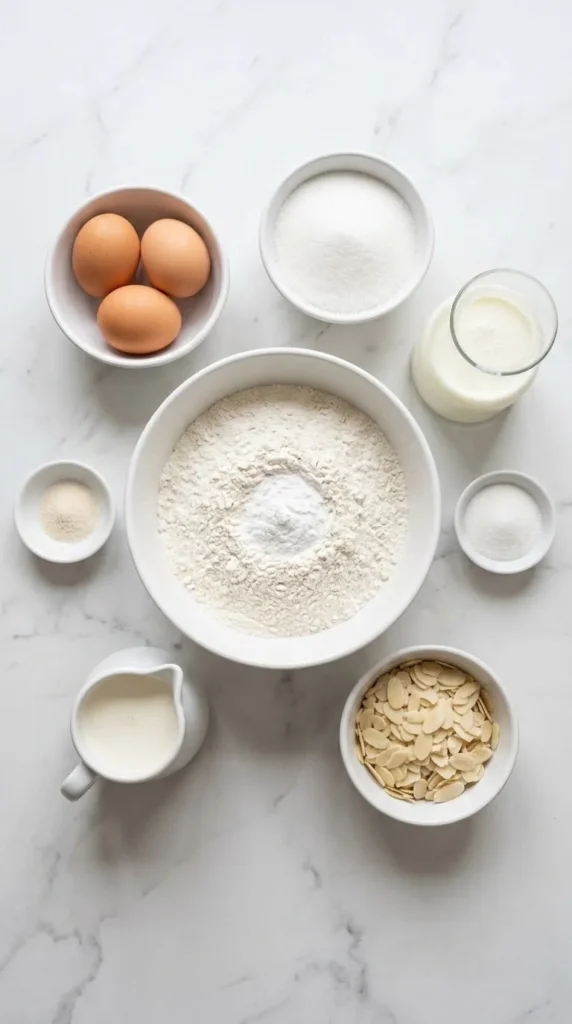 Zutaten für Buttermilchkuchen mit Mandeln: Weizenmehl, Buttermilch, frische Eier, Zucker, gehobelte Mandeln und flüssige Sahne.