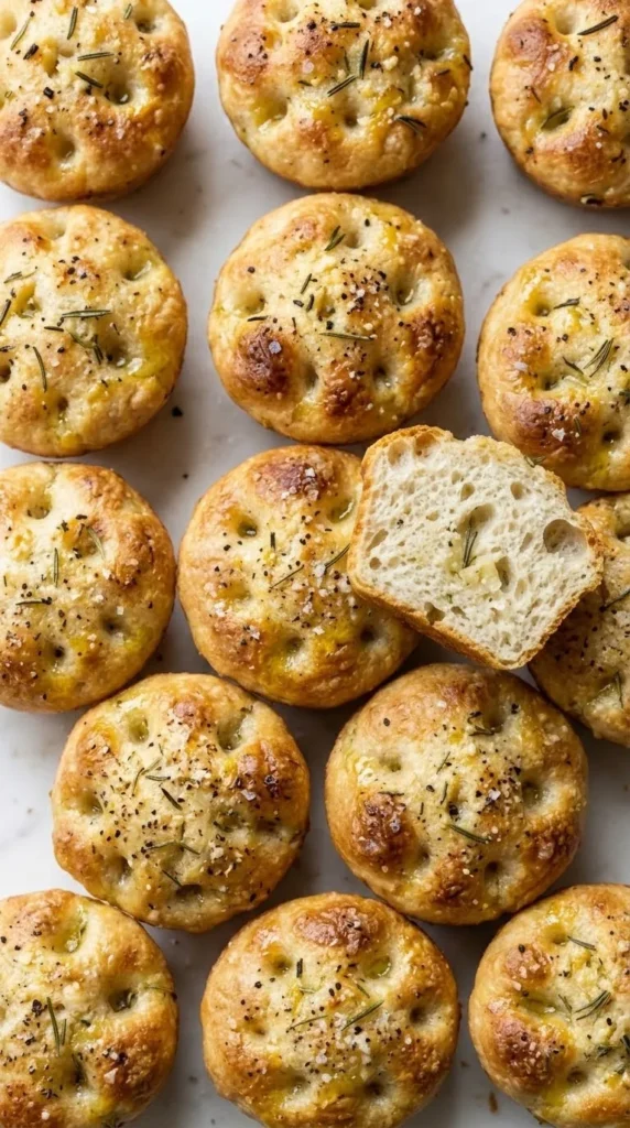 Nahaufnahme von Rosmarin-Knoblauch-Focaccia-Muffins — Detailierte Textur der Kruste mit Salz und Rosmarinnadeln.