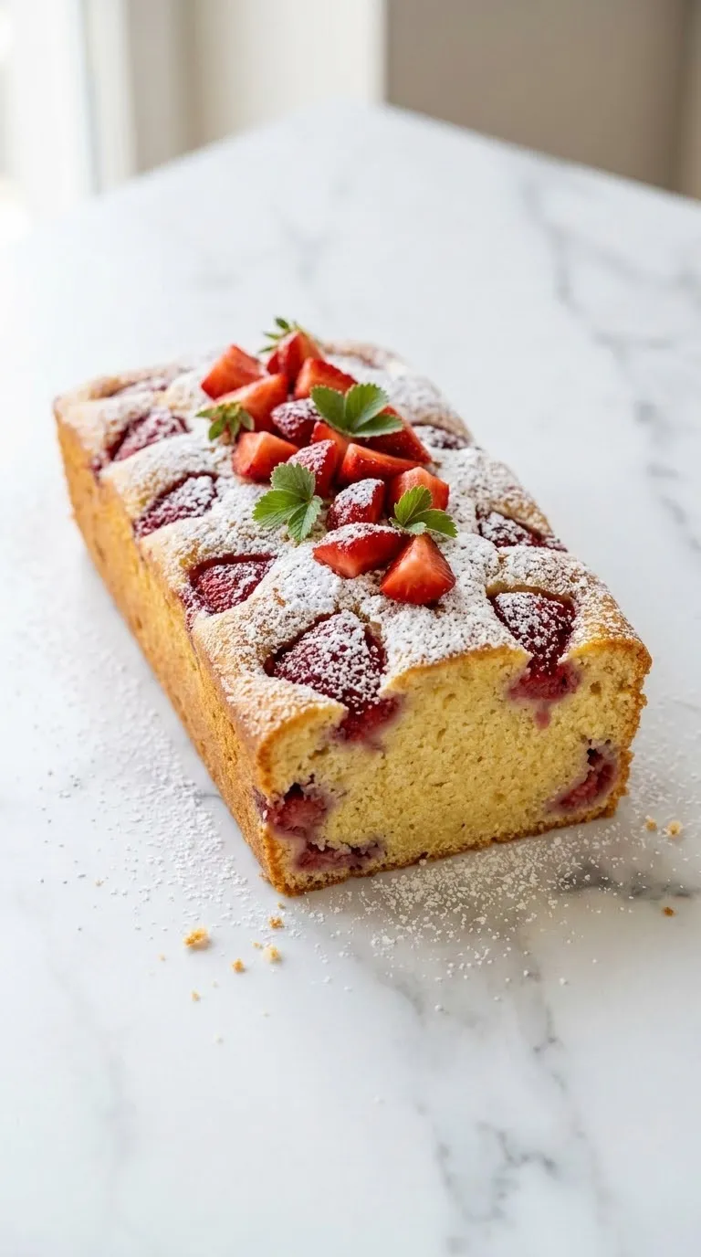 Buttermilchkuchen mit Erdbeeren frisch gebacken — Saftiger Sommer-Blechkuchen mit Puderzucker und roten Erdbeerstücken.