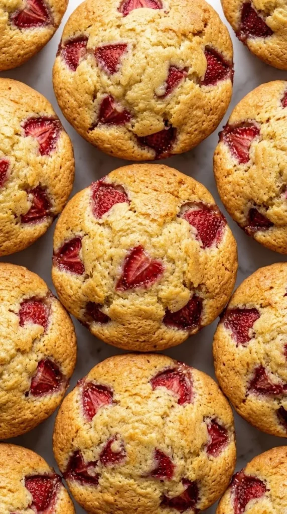 Nahaufnahme von Erdbeer-Muffins — Detailansicht der fluffigen Rührteig-Oberfläche mit einer saftig eingebackenen Erdbeere.