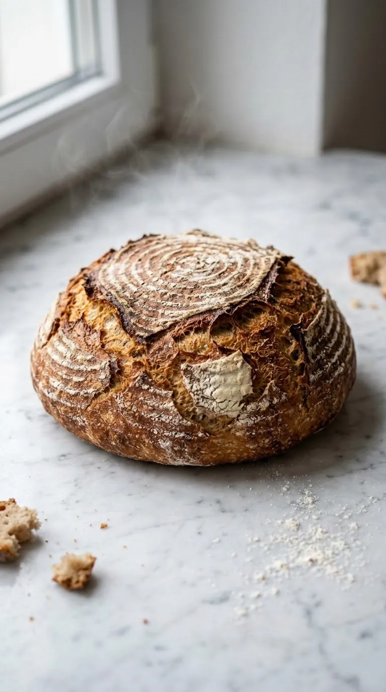 Sauerteig-Bauernbrot ohne Hefe frisch gebacken — Ein rundes, rustikales Krustenbrot mit typischen Mehlstrukturen.