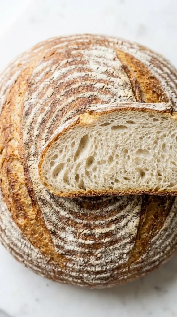 Nahaufnahme von Glutenfreies Sauerteigbrot — Detailansicht der bemehlten, krossen Oberfläche mit den feinen Rillenstrukturen.