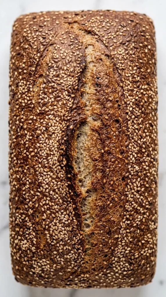 Nahaufnahme von Reissauerteig-Brot — Detailansicht der rustikalen, glänzenden Kruste mit eingebackenem Sesam und Leinsamen.