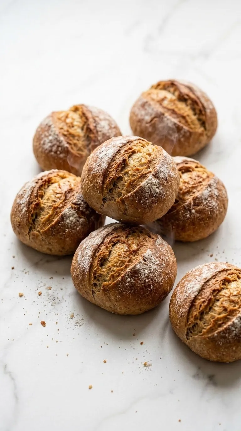 knusprige Sonntagsbrötchen frisch gebacken — Sechs goldbraune, rustikale Brötchen mit aufgespritzter Kruste auf weißem Marmor.