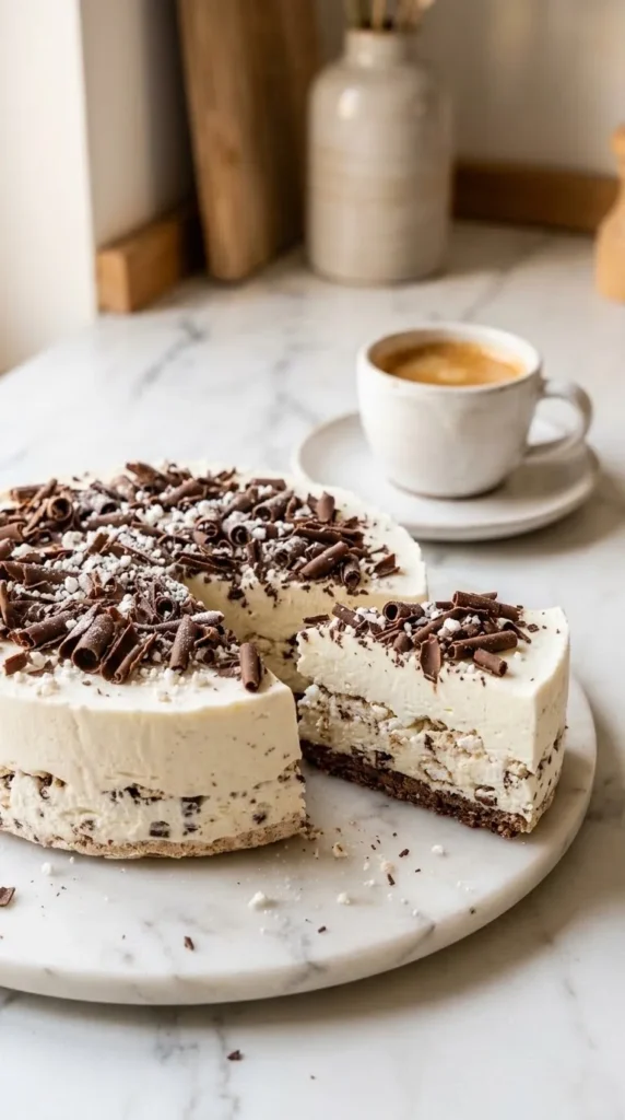 Baiser-Eistorte serviert mit frisch gebrühter heißer Espresso — Ein perfekt geschnittenes Stück Torte zeigt das innere Baiser.