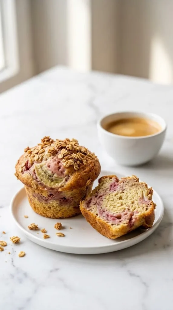 Bananen-Erdbeermuffins serviert mit Espresso — ein halbierter Muffin zeigt das saftige, zweifarbige Innere auf Marmor.