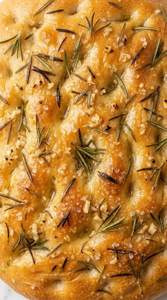 Nahaufnahme von Rosmarin-Knoblauch-Fladenbrot — Detailansicht der knusprigen Kruste mit Knoblauch, Rosmarin und Öl.