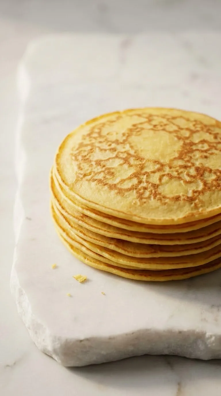 Klassische Eierkuchen frisch gebacken — Ein ordentlicher Stapel goldgelb ausgebackener, dünner Pfannkuchen.