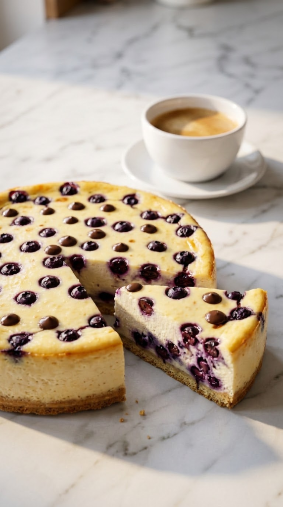 Glutenfreier Blaubeer-Schmand-Kuchen serviert mit frisch gebrühter, kräftiger Espresso — Kuchenstück auf weißem Keramikteller.