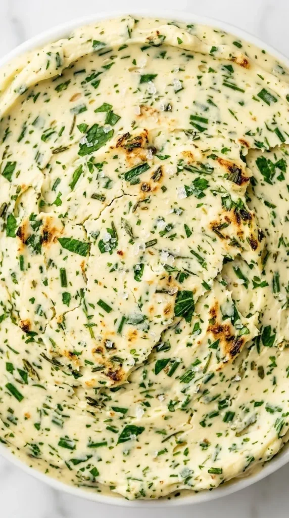 Nahaufnahme von Kräuterbutter — cremige Textur mit intensiv grünen Kräutern und Salzkristallen.