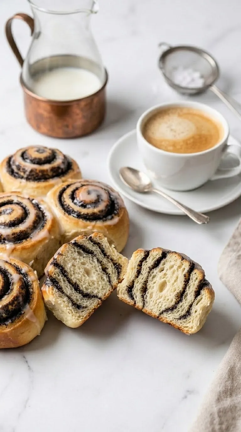 Saftige Mohnschnecken frisch gebacken — Goldbraun glänzende Hefeschnecken mit einer feinen Zuckerguss-Glasur.