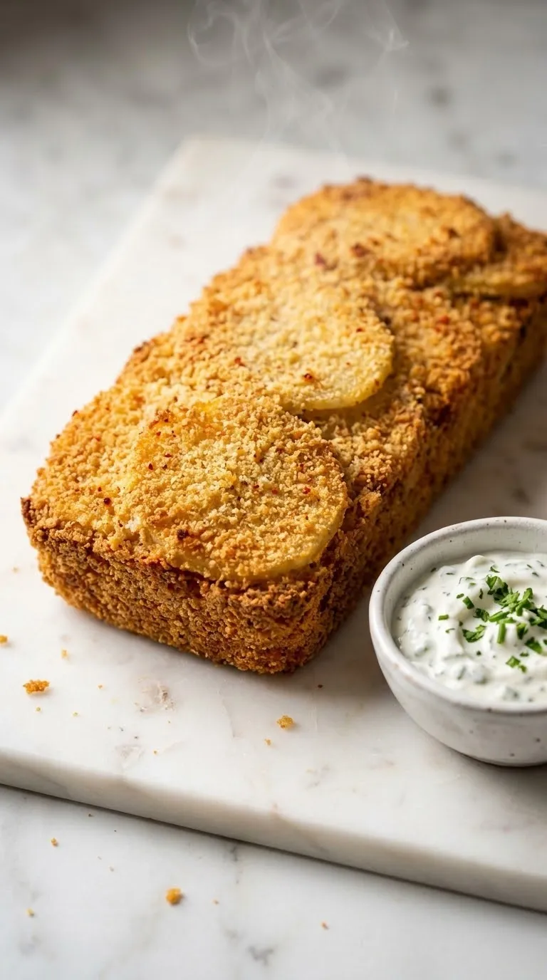 Kohlrabi-Schnitzel aus dem Ofen frisch gebacken — Knusprig panierte goldbraune Gemüseschnitzel auf weißem Untergrund.