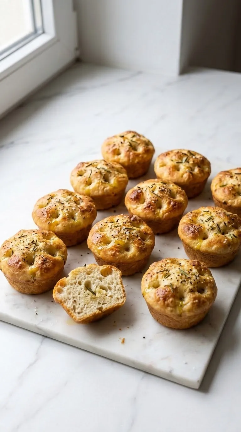 Rosmarin-Knoblauch-Focaccia-Muffins frisch gebacken — Goldbraune Kruste mit Meersalz und frischen Kräutern.