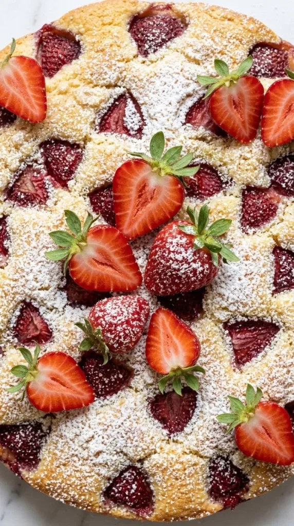 Nahaufnahme von Buttermilchkuchen mit Erdbeeren — Detailansicht der flaumigen Teigkrume und der saftigen roten Früchte.