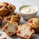 Erdbeer-Muffins serviert mit Vanillesahne — Ein aufgeschnittener, saftiger Muffin liegt neben einem Klecks geschlagener Sahne.
