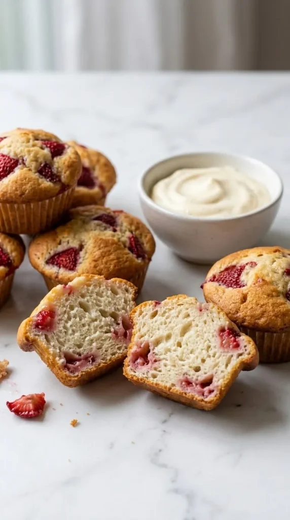 Erdbeer-Muffins serviert mit Vanillesahne — Ein aufgeschnittener, saftiger Muffin liegt neben einem Klecks geschlagener Sahne.