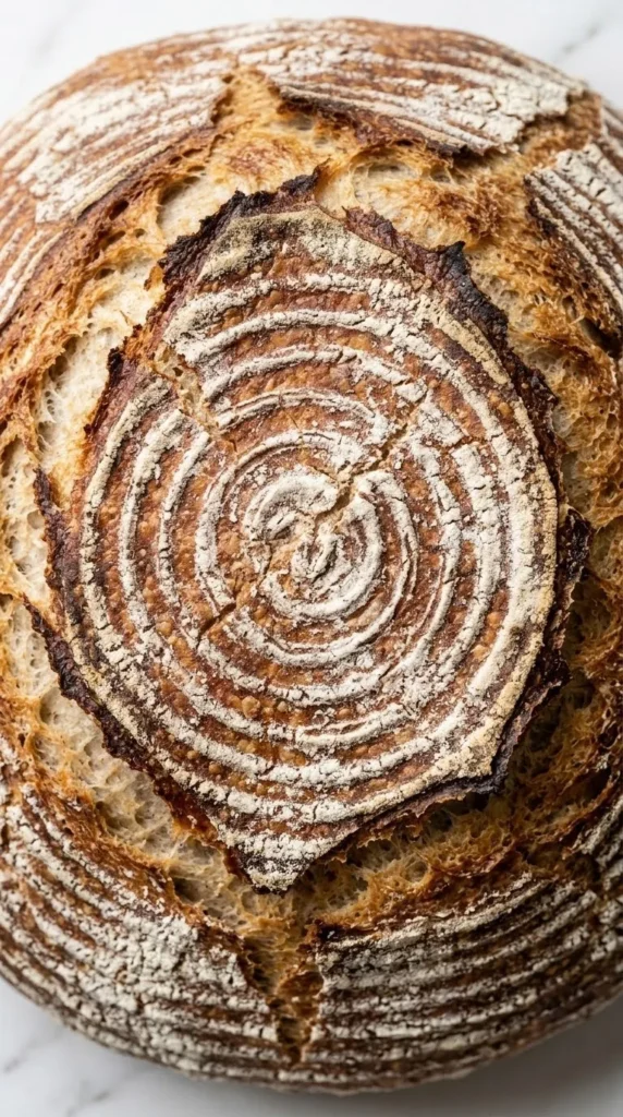 Nahaufnahme von Sauerteig-Bauernbrot — Detailansicht der wild aufgerissenen, krossen Brotkruste mit feinem Mehlstaub.