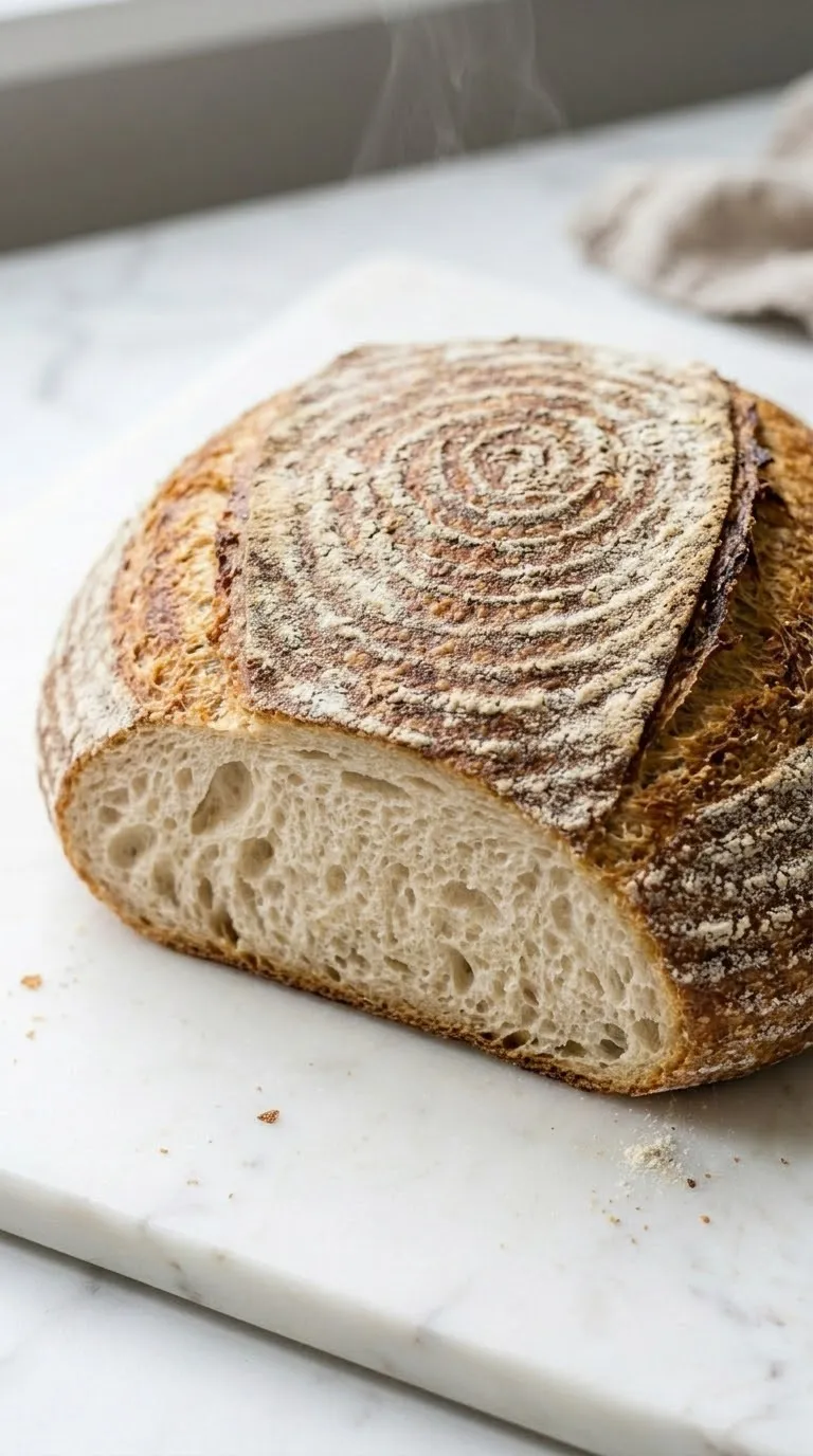 Glutenfreies Sauerteigbrot frisch gebacken — Ein runder, rustikaler Brotlaib mit den typischen Mehlringen des Gärkörbchens auf weißem Marmor.