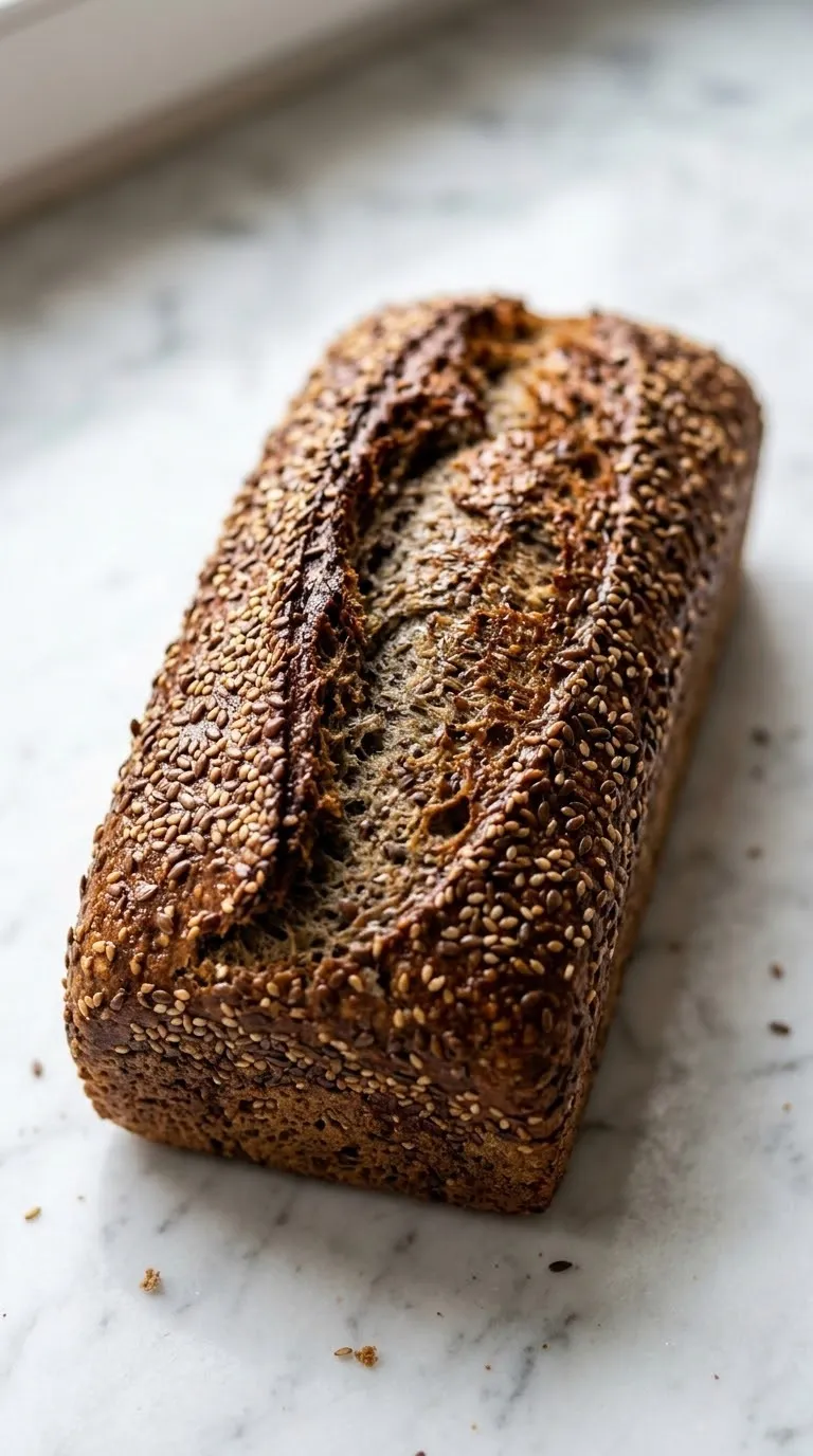 Glutenfreies Reissauerteig-Brot frisch gebacken — Ein großes, dunkles Kastenbrot mit glänzender Ölkruste auf weißem Marmor.