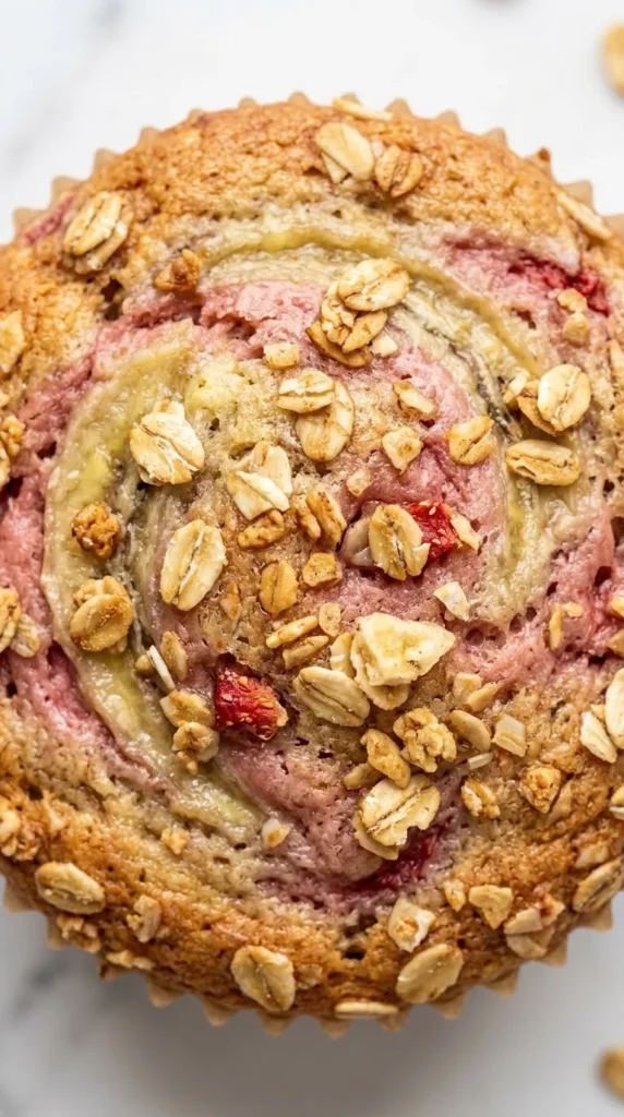 Nahaufnahme von Bananen-Erdbeermuffins — detailreiche Struktur der knusprigen Haferflocken-Cluster auf dem soften Muffin.