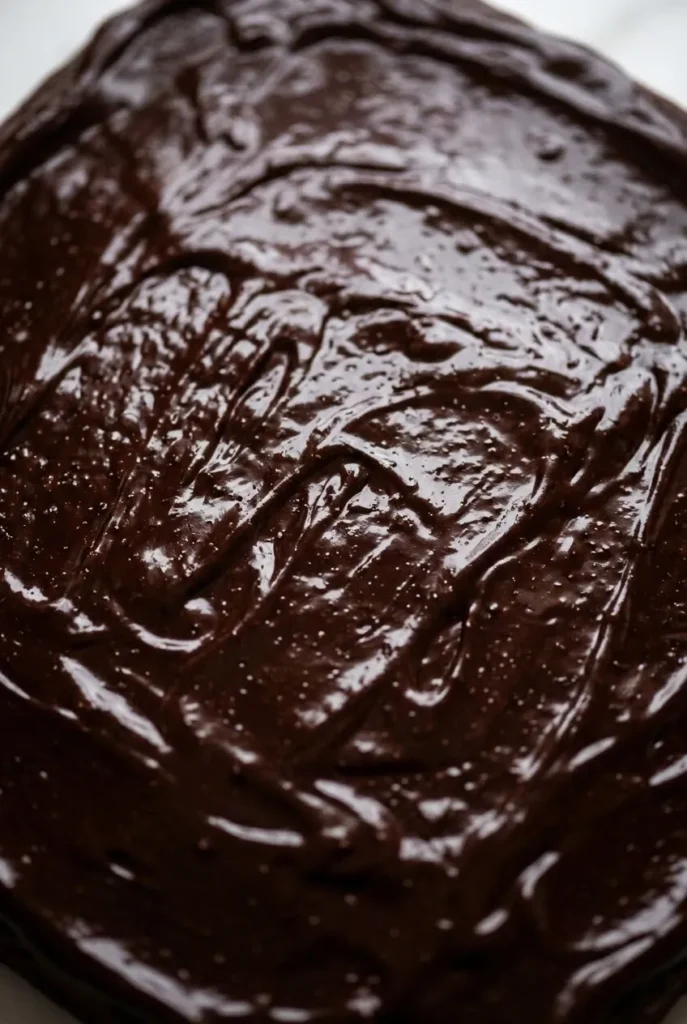 Nahaufnahme von Schokokuchen vom Blech — Detailansicht der glänzenden, flüssigen Schokoladensauce auf der Oberfläche.