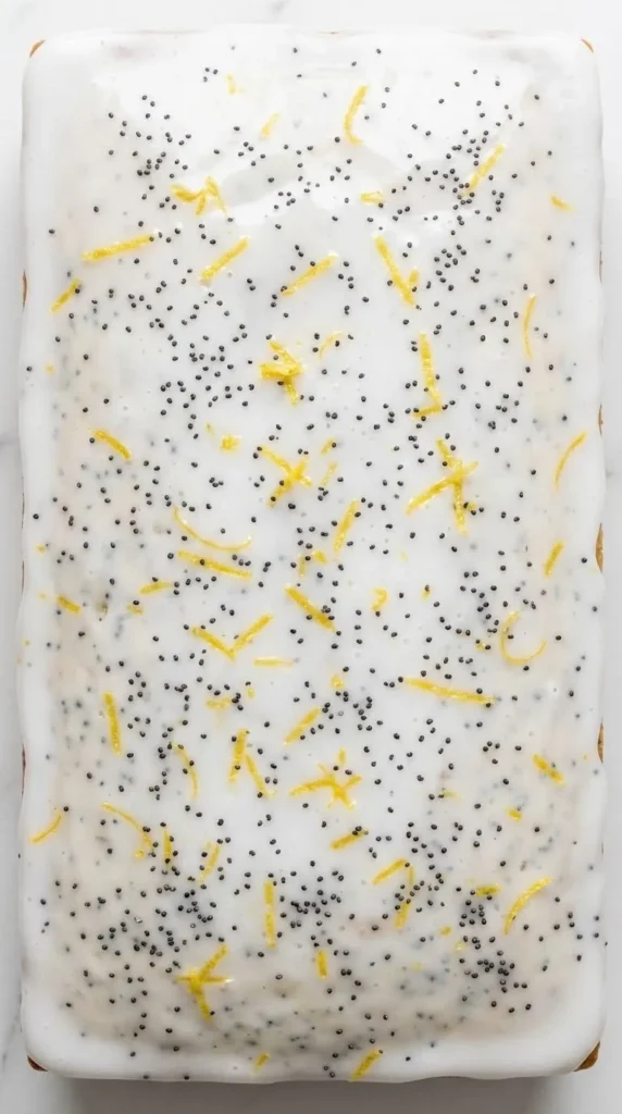 Nahaufnahme von Zitronenkuchen mit Mohn — Detailansicht der dicken weißen Glasur mit feinen Mohnkörnern und Zitronenabrieb.
