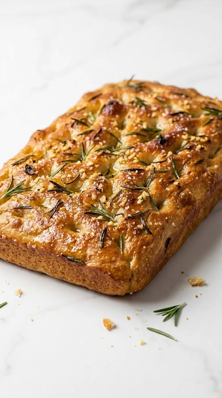Rosmarin-Knoblauch-Fladenbrot frisch gebacken — Goldbraun gebackene Focaccia mit aromatischen Rosmarinnadeln.