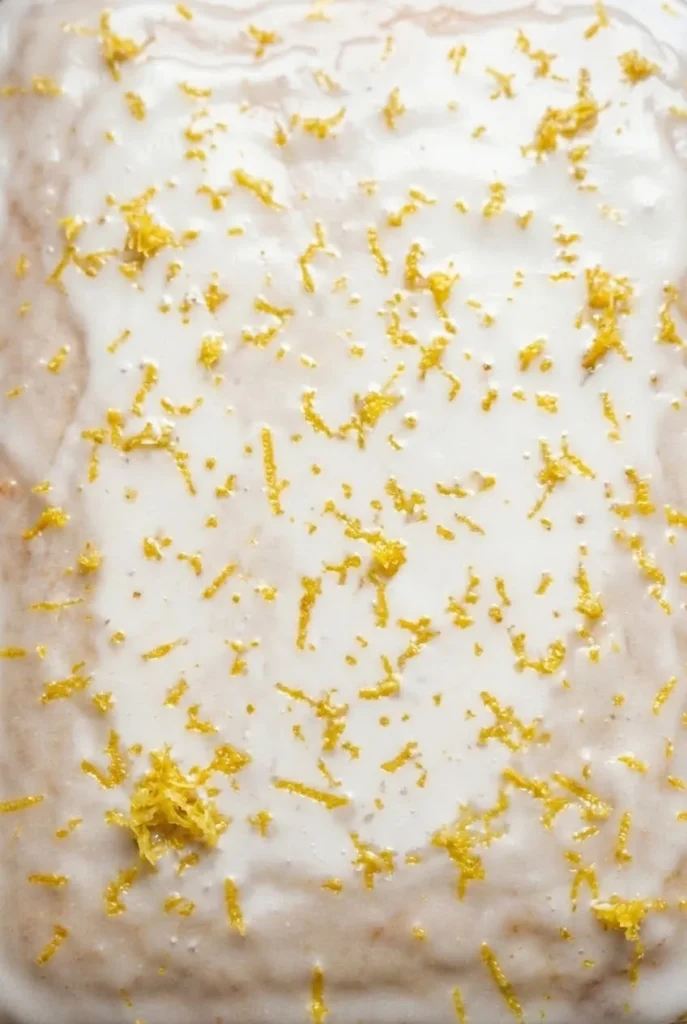 Nahaufnahme von Zitronenkuchen vom Blech — Detailansicht des dicken Zuckergusses mit feinen Zitronenschalen-Partikeln.