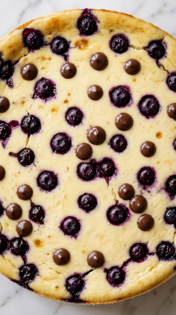 Nahaufnahme von Glutenfreier Blaubeer-Schmand-Kuchen — Cremige Schmandtextur mit gebackenen Beeren und feinen Schokostückchen.