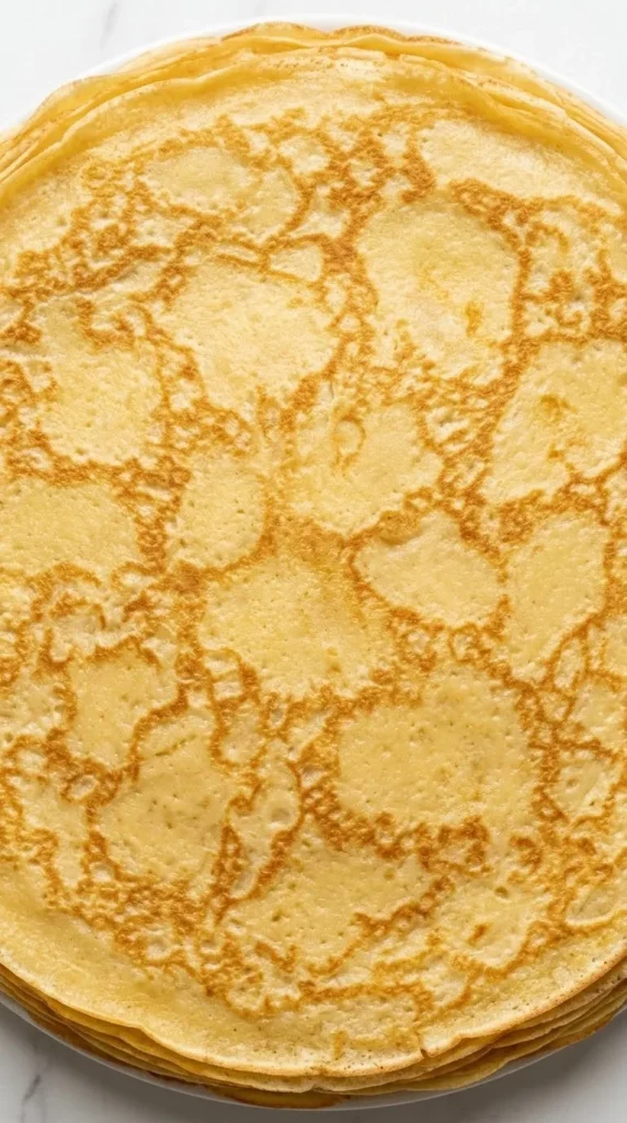 Nahaufnahme von Pfannkuchen, Crêpe und Pancake — Detailansicht der zarten, goldbraun marbellierten Pfannkuchenkruste.